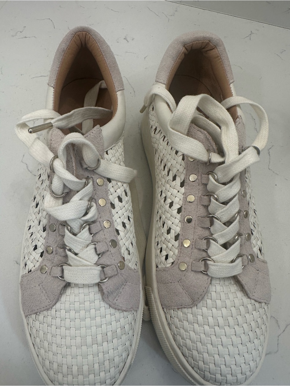 Joie White Woven Lace-Up Sneakers with Taupe Suede Accents